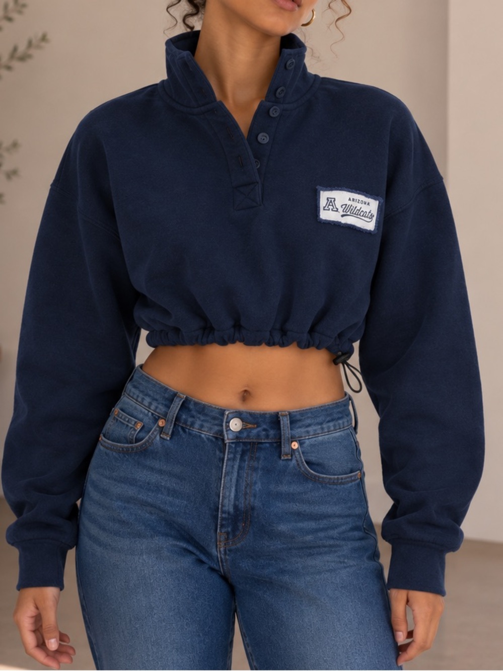 Cropped Navy Arizona Wildcats Pullover Sweatshirt with Patch